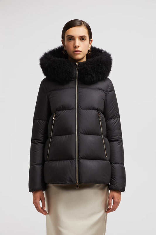 Moncler Laichefur Kurze Daunenjacke mit Kapuze Schwarz