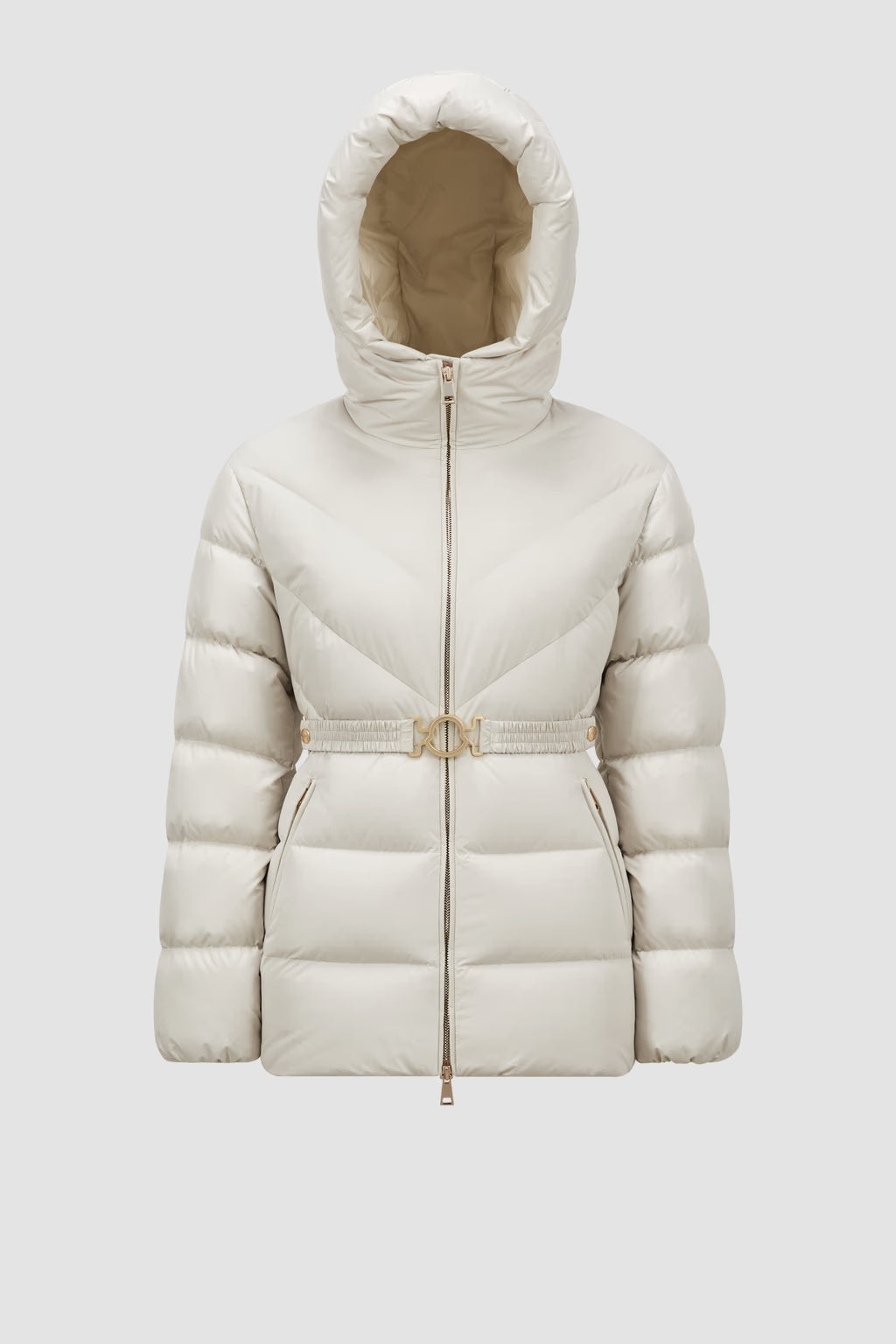 Moncler – Weiße kurze Daunenjacke mit Kapuze und diagonaler Steppung