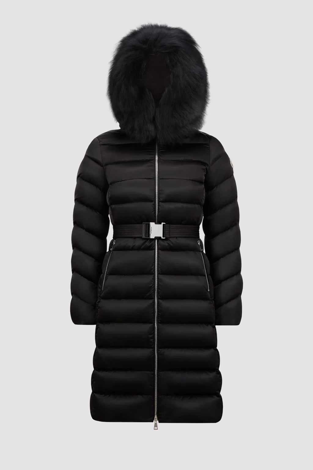 Leersie schwarze lange Daunenjacke mit Sherling-Kapuze