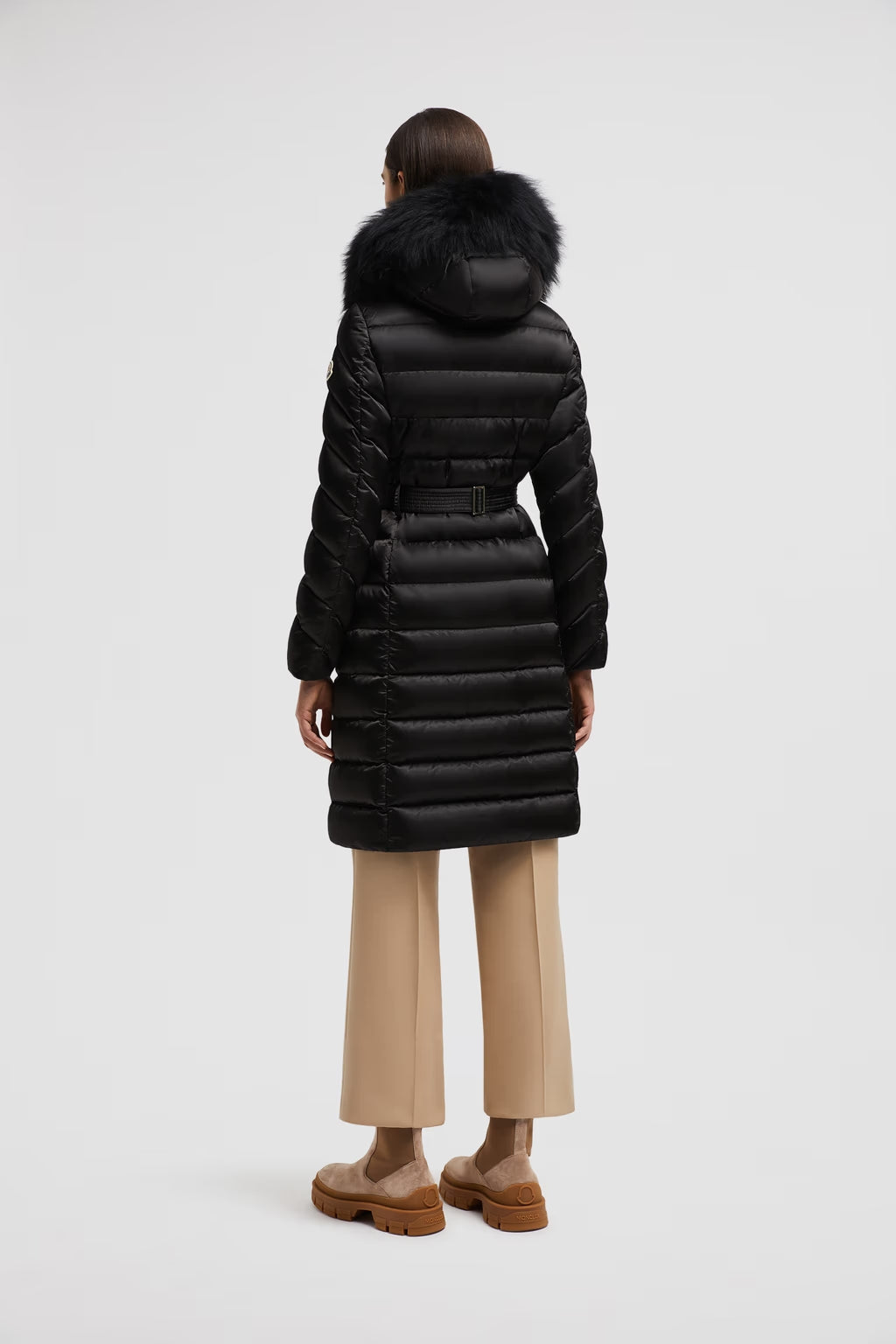 Leersie schwarze lange Daunenjacke mit Sherling-Kapuze