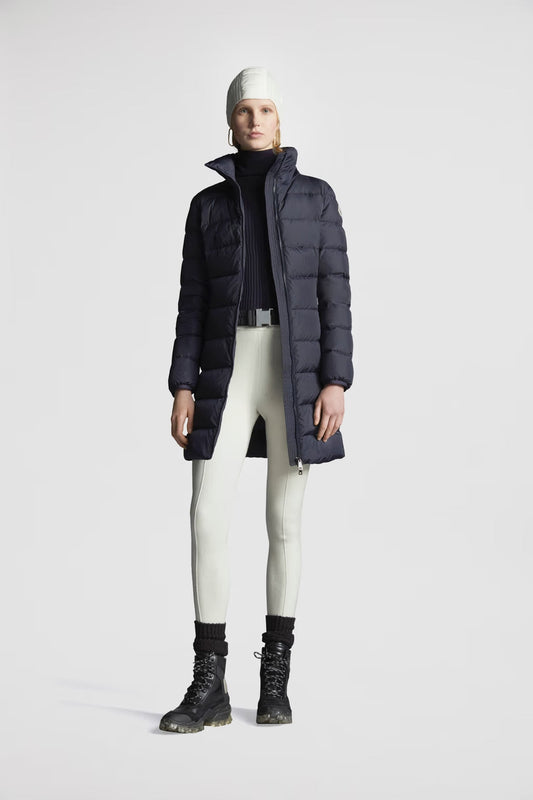 Gie Moncler Mitternachtsblaue lange Daunenjacke mit Kapuze