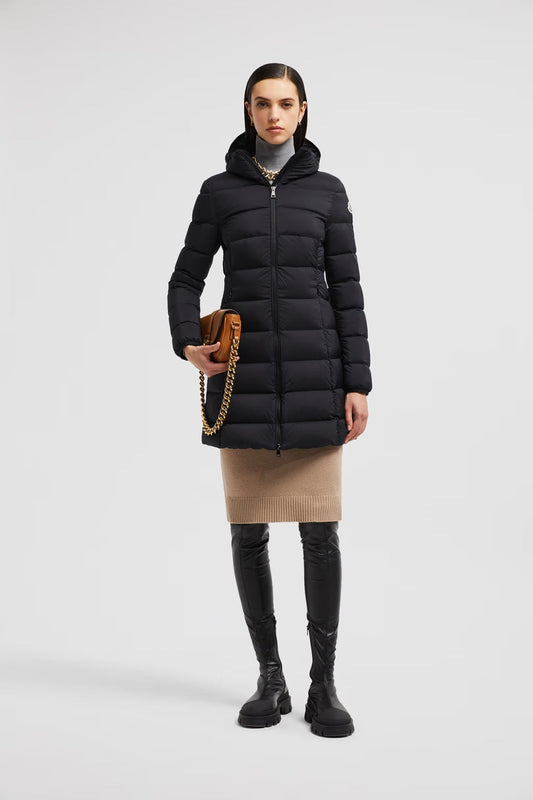 Moncler Gie Lange Daunenjacke mit Kapuze Schwarz