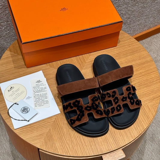 Hermès Cyprus Sandalen Blau Braun Leopard
