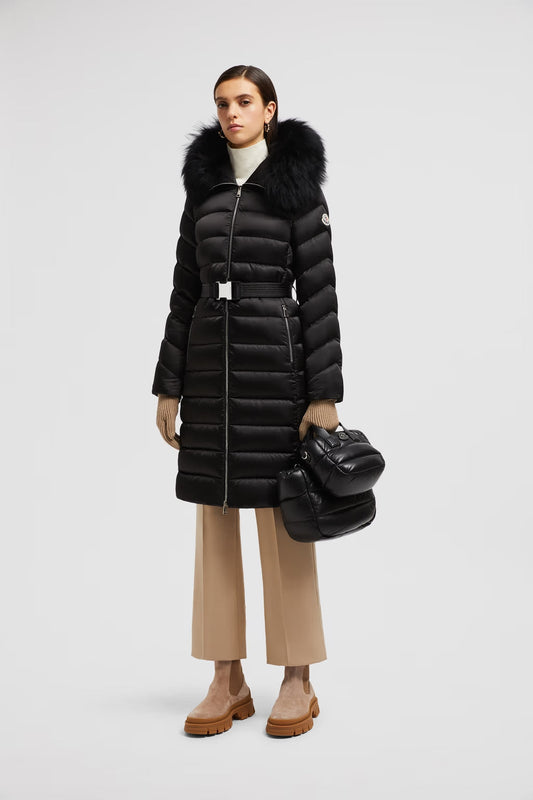 Leersie schwarze lange Daunenjacke mit Sherling-Kapuze